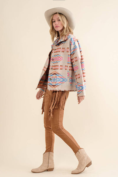 Aztec Jacquard Mock Neck Button Up Western Jacket