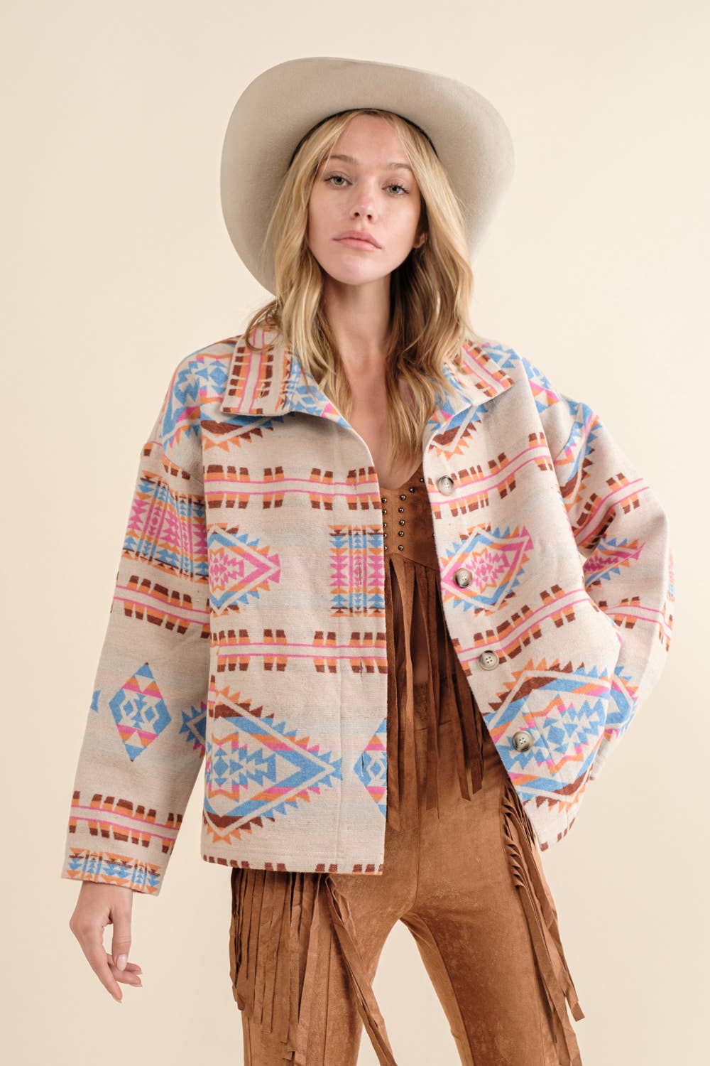 Aztec Jacquard Mock Neck Button Up Western Jacket