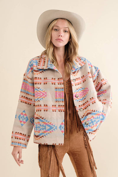 Aztec Jacquard Mock Neck Button Up Western Jacket