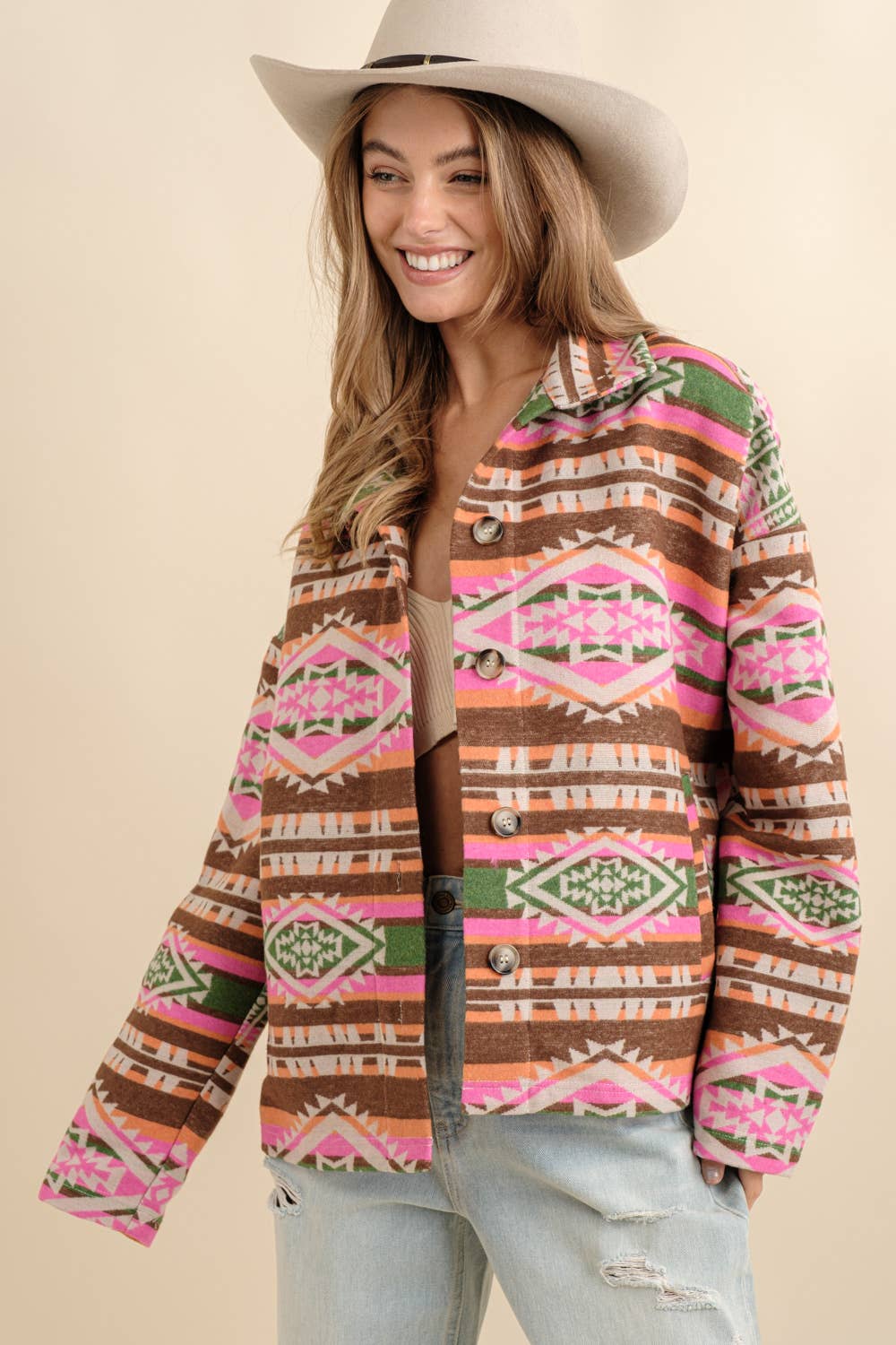 Aztec Jacquard Mock Neck Button Up Western Jacket