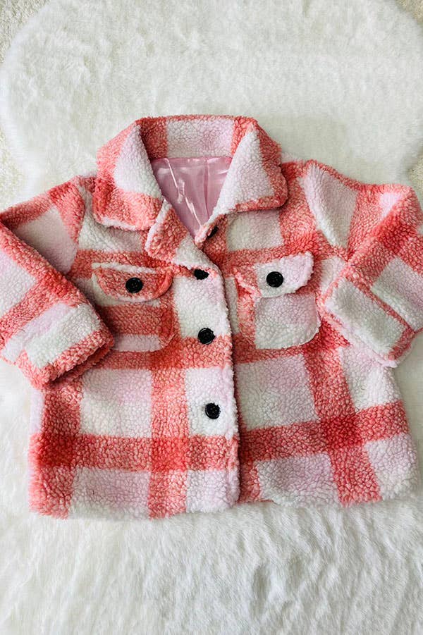 Kids Pink plad sherpa long sleeve girls coat