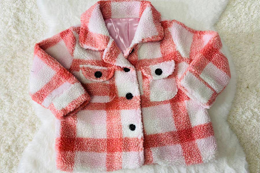 Kids Pink plad sherpa long sleeve girls coat
