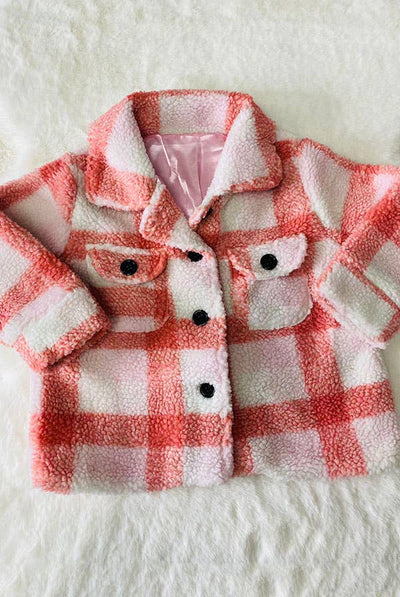 Kids Pink plad sherpa long sleeve girls coat