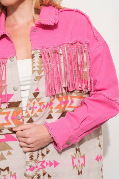 Aztec Contrast Frayed Shirt Jacket
