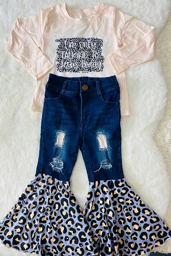 Western top & leopard bell bottom jeans girls sets