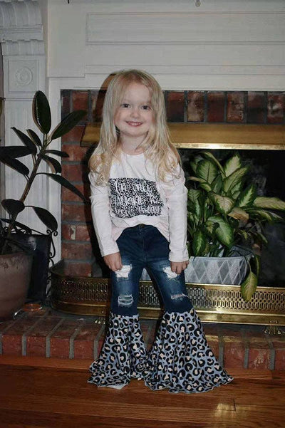 Western top & leopard bell bottom jeans girls sets