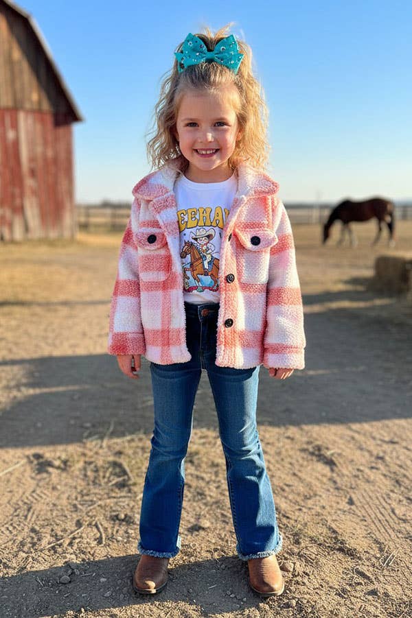 Kids Pink plad sherpa long sleeve girls coat