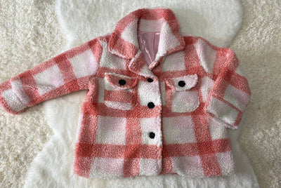Kids Pink plad sherpa long sleeve girls coat