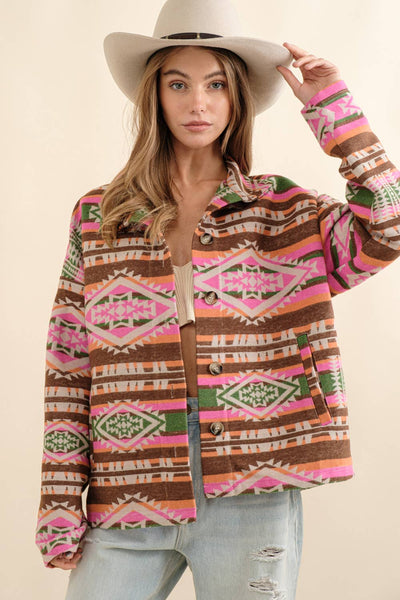 Aztec Jacquard Mock Neck Button Up Western Jacket