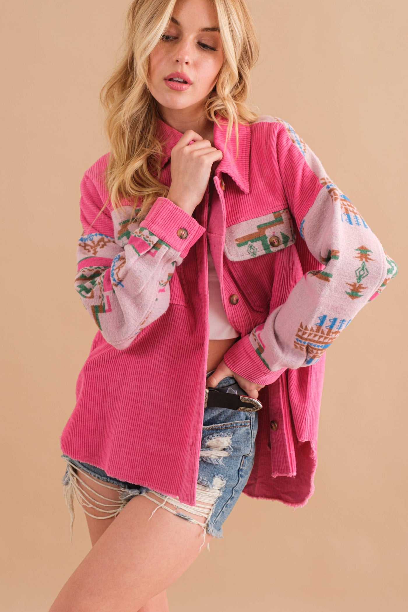 Corduroy Aztec Contrast Button Up Shirt Jacket