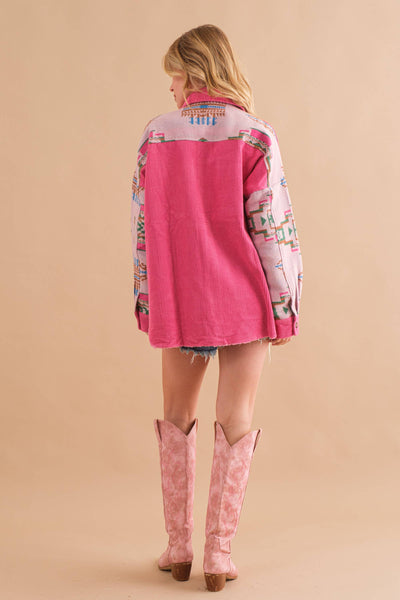 Corduroy Aztec Contrast Button Up Shirt Jacket