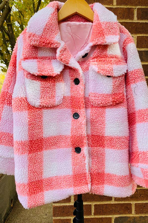 Kids Pink plad sherpa long sleeve girls coat