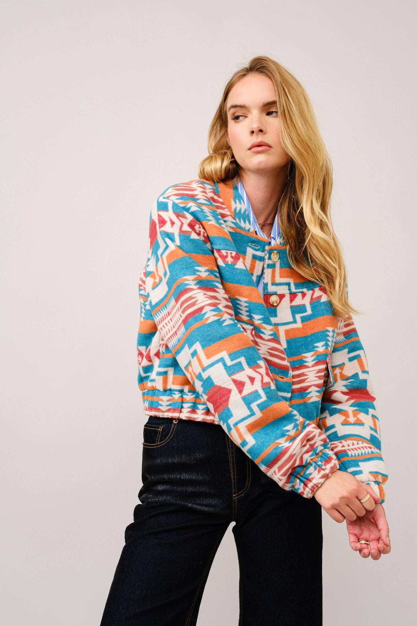 Jacquard Aztec Snap Up Bomber Jacket