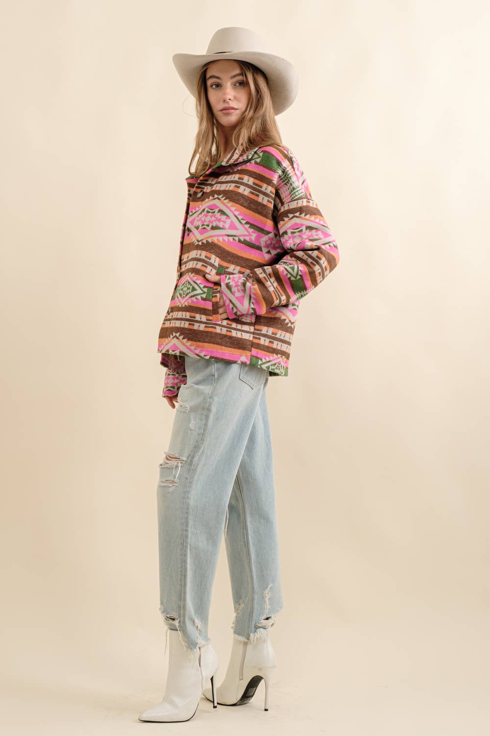 Aztec Jacquard Mock Neck Button Up Western Jacket