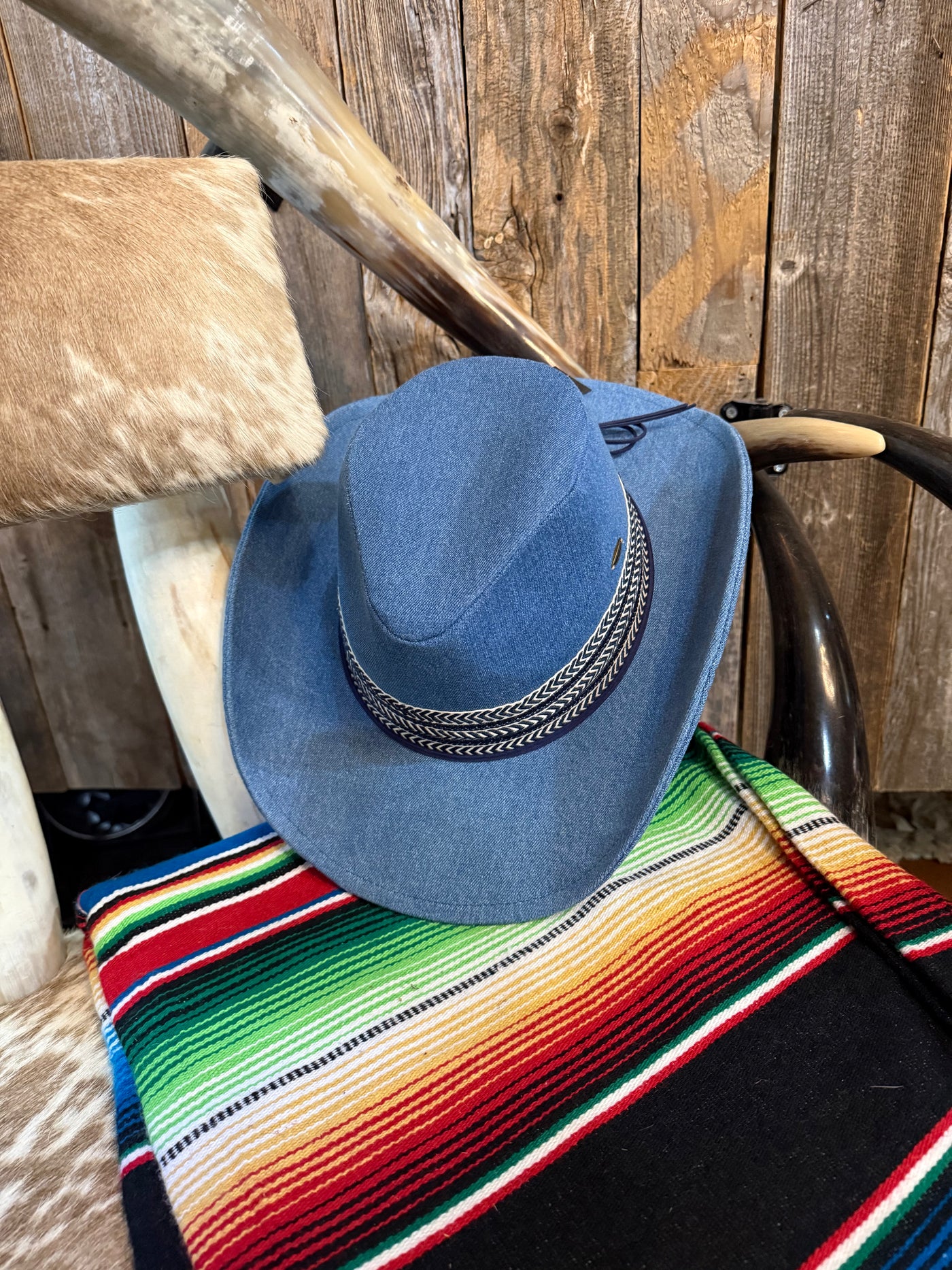 c.c. Denim Cowboy Hat with Geometric Trim Bands