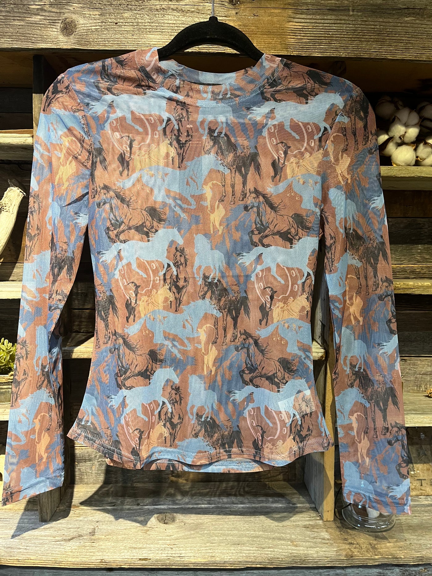 LIGHT BLUE MOCHA HORSE PRINTED LONG SLEEVE STRETCH MESH TOP