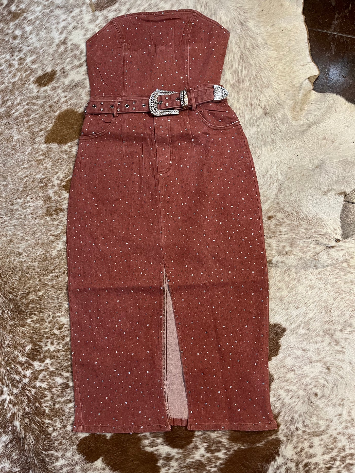 RED STRAPLESS RHINESTONE BELTED SLIT HEM DRESS