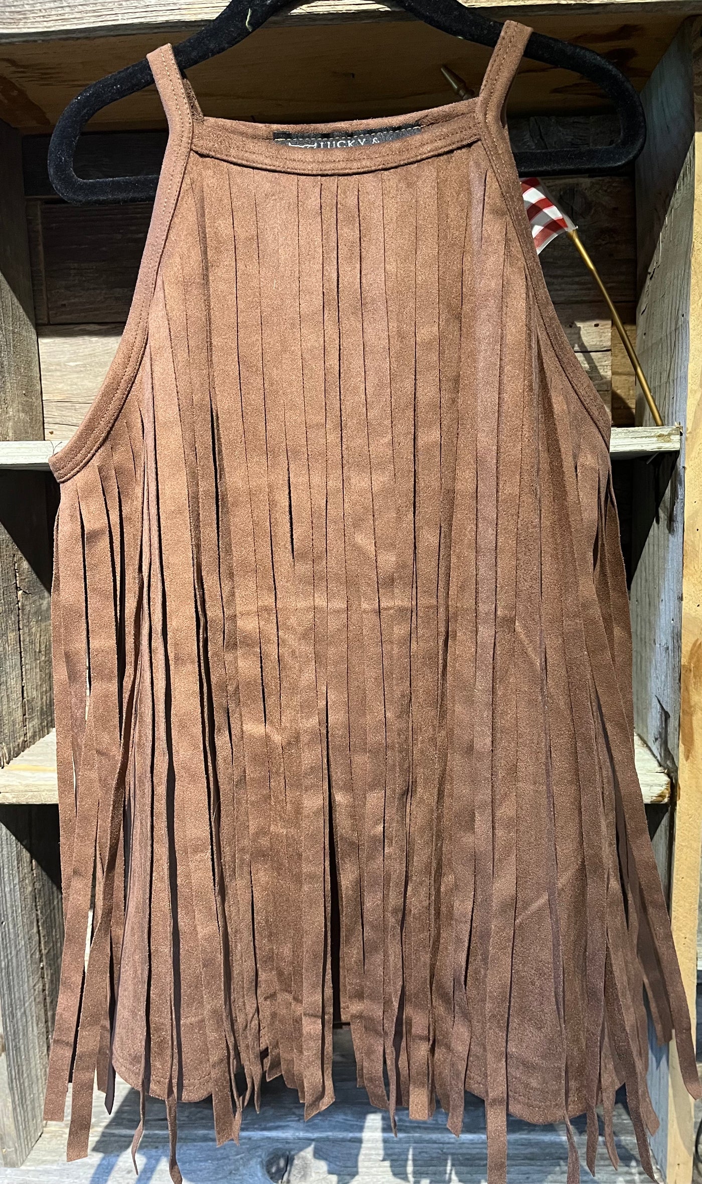 BROWN STRETCH SUEDE ALL AROUND FRINGE TOP