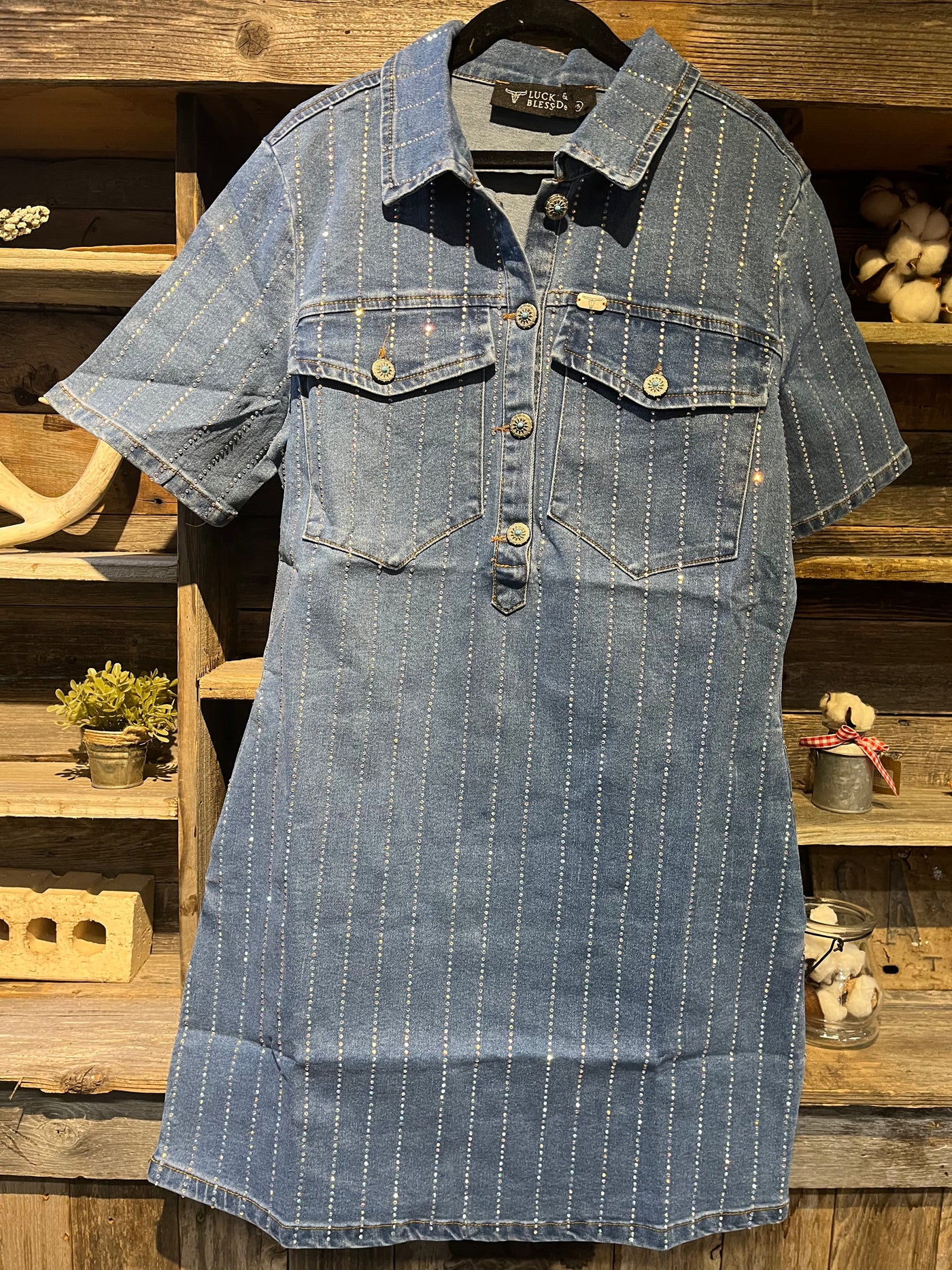 DENIM RHINESTONE STRIPED DETAILED COLLARED DRESS