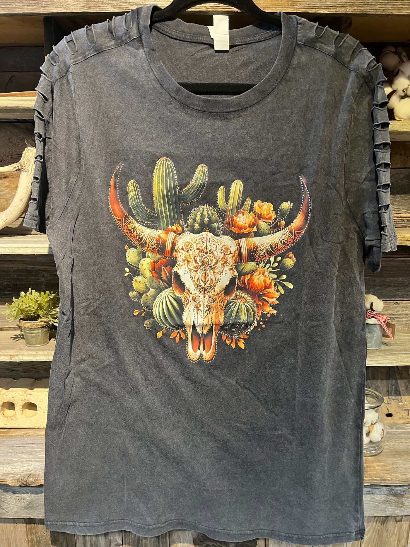 BULL SKULL WITH SLIT SLEEVES AND BLING SHIRT