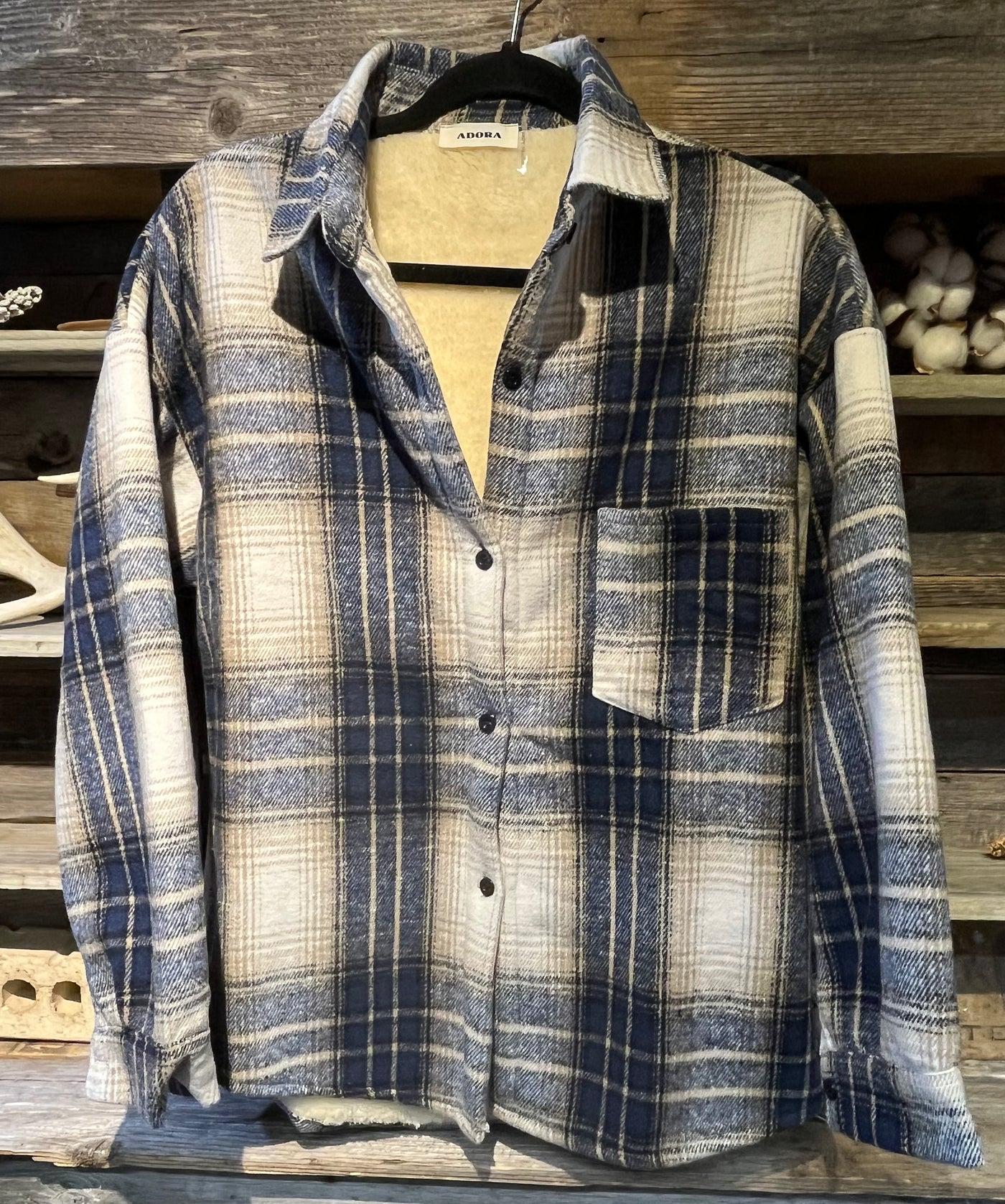 PLAID SHERPA-LINED BUTTON DOWN SHACKET