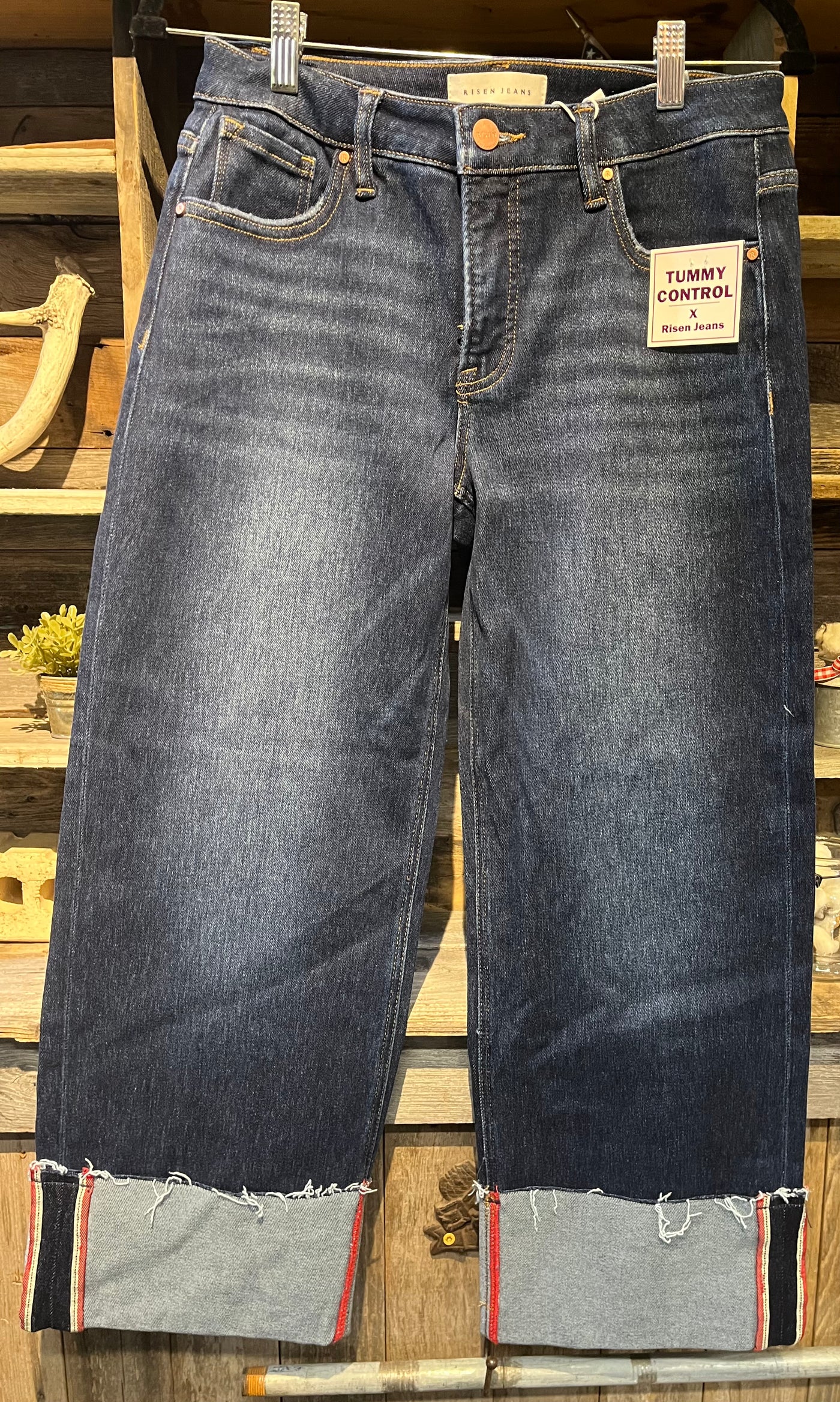 RISEN TUMMY CONTROL RED THREADED CUFF JEANS