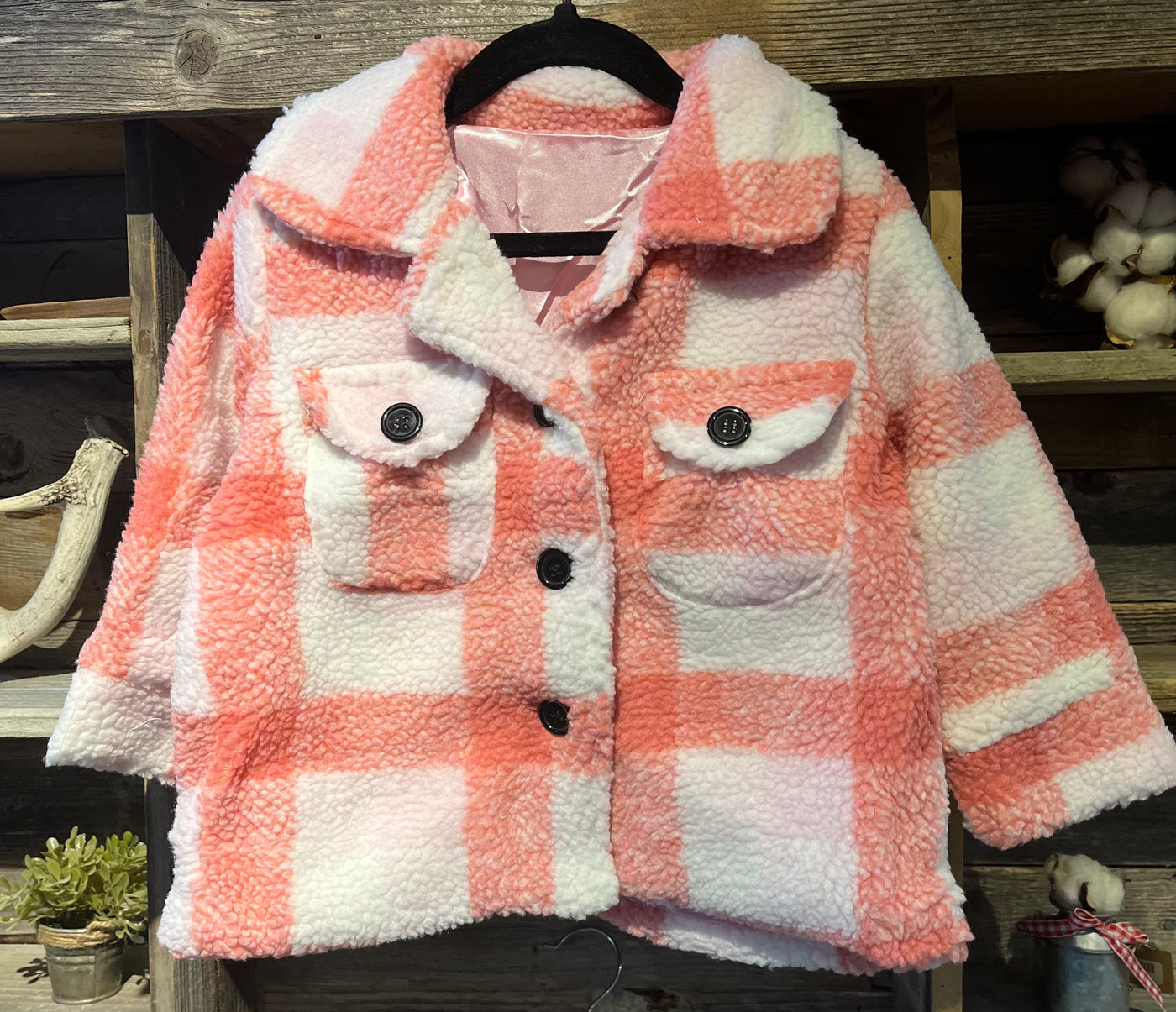 Kids Pink plad sherpa long sleeve girls coat