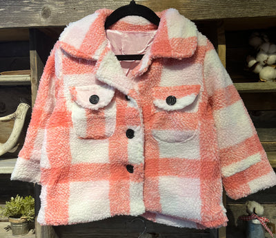 Kids Pink plad sherpa long sleeve girls coat