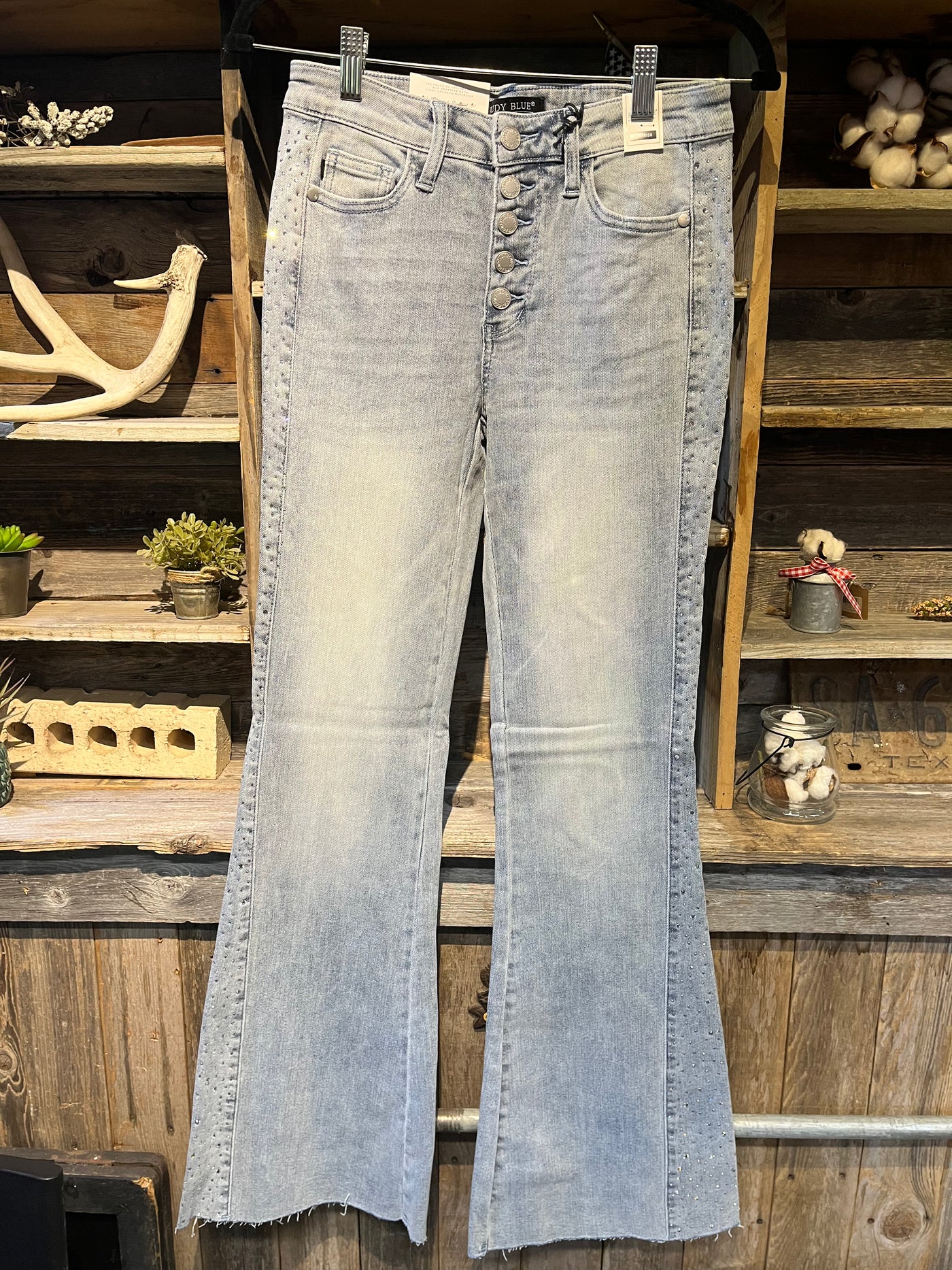 JB MID-RISE RHINESTONE SIDE PANEL DETAIL FLARE JEANS