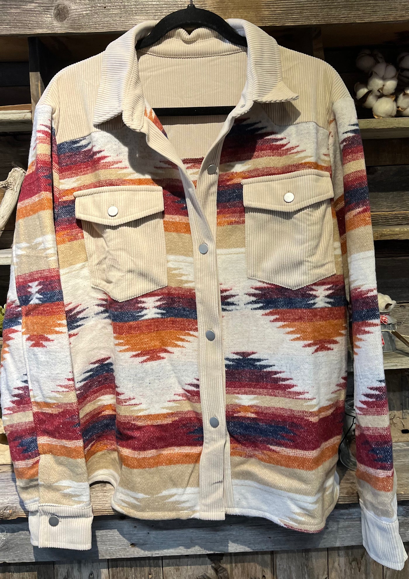 Western Aztec Striped Patchwork Raw Hem Shacket