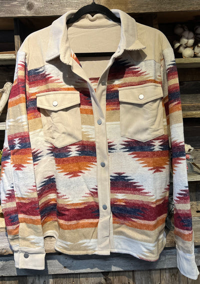 Western Aztec Striped Patchwork Raw Hem Shacket