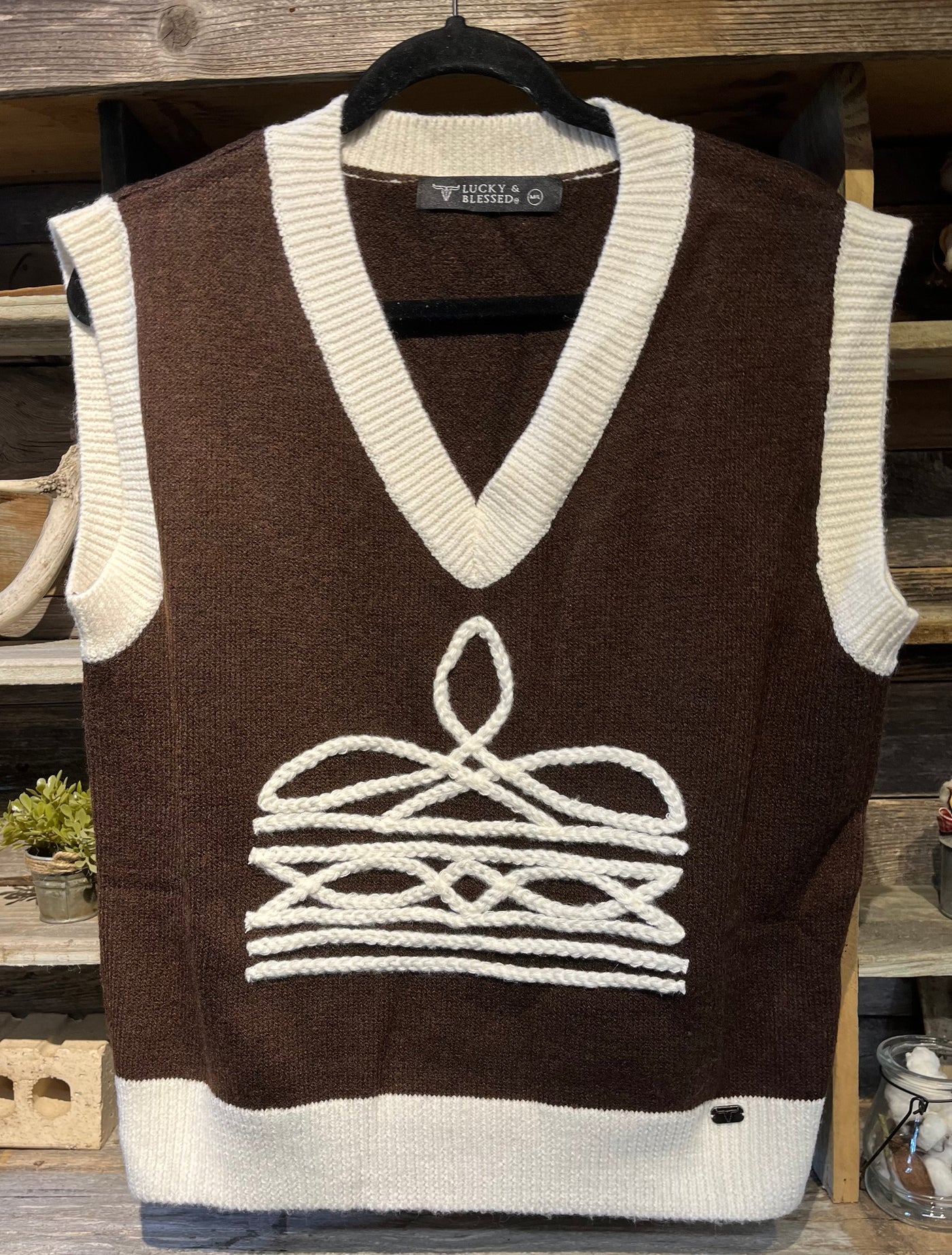 BROWN IVORY BOOT STITCH KNIT CAP SLEEVE SWEATER