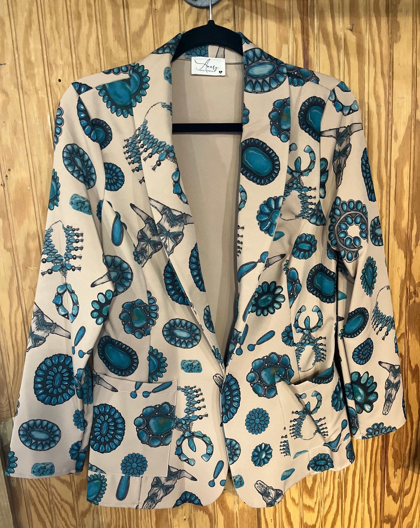 TURQUOISE JEWELRY PRINT WOVEN BLAZER