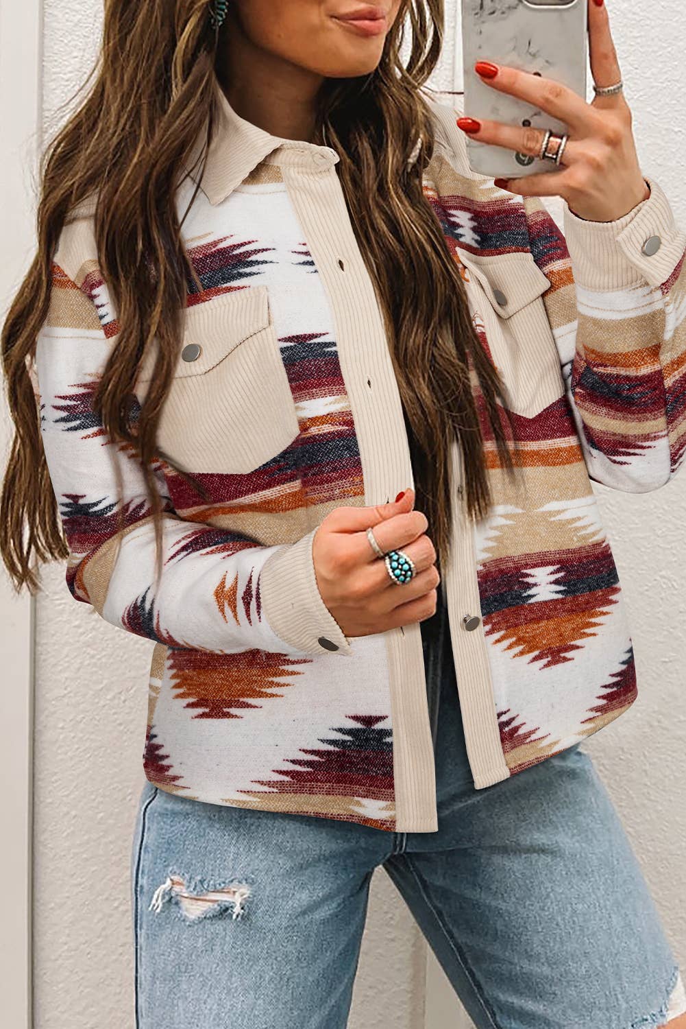 Western Aztec Striped Patchwork Raw Hem Shacket