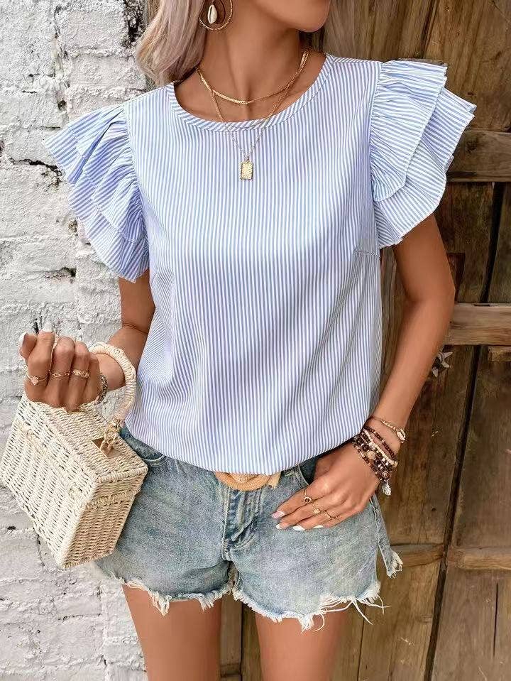 Striped ruffle sleeve blouse
