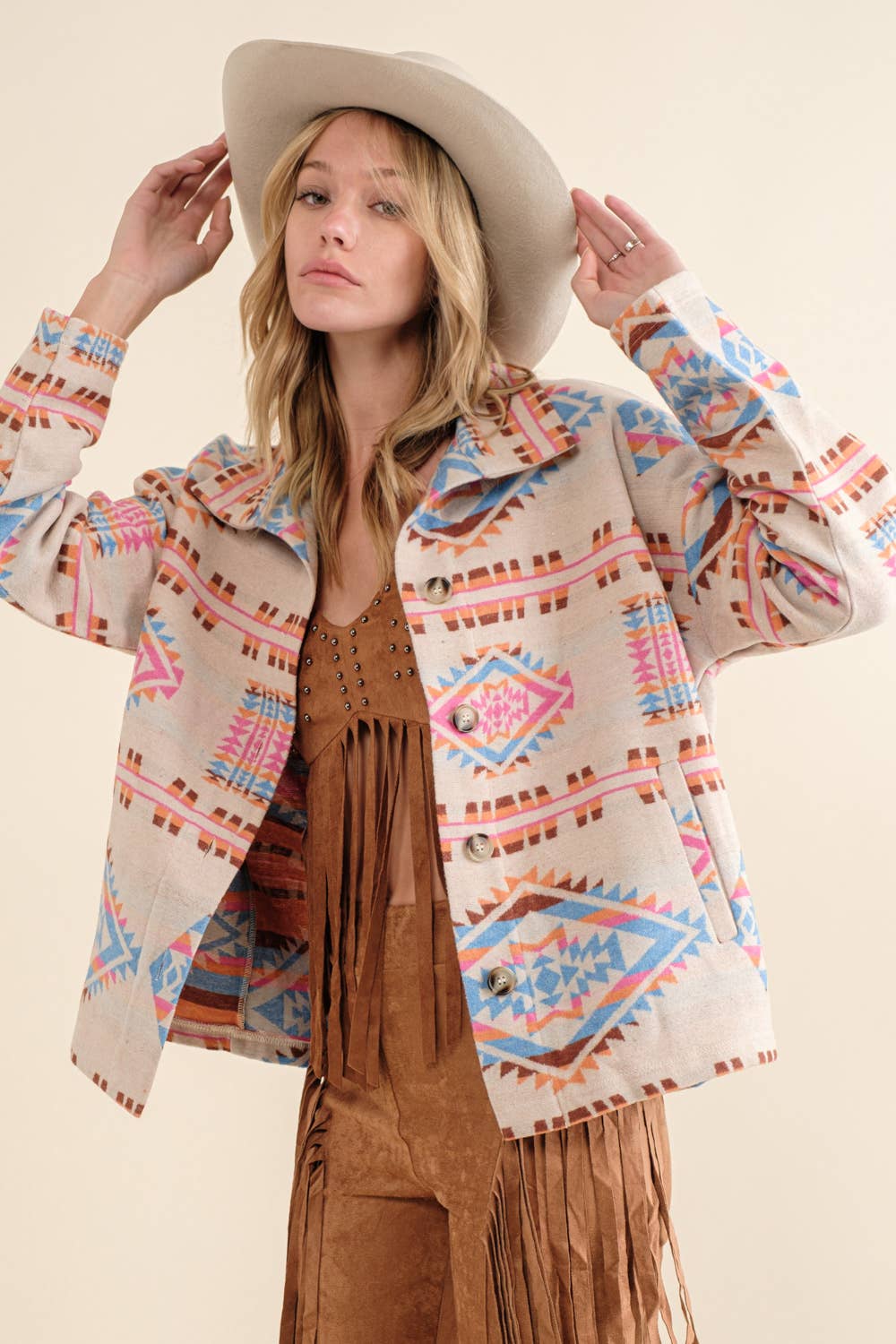 Aztec Jacquard Mock Neck Button Up Western Jacket