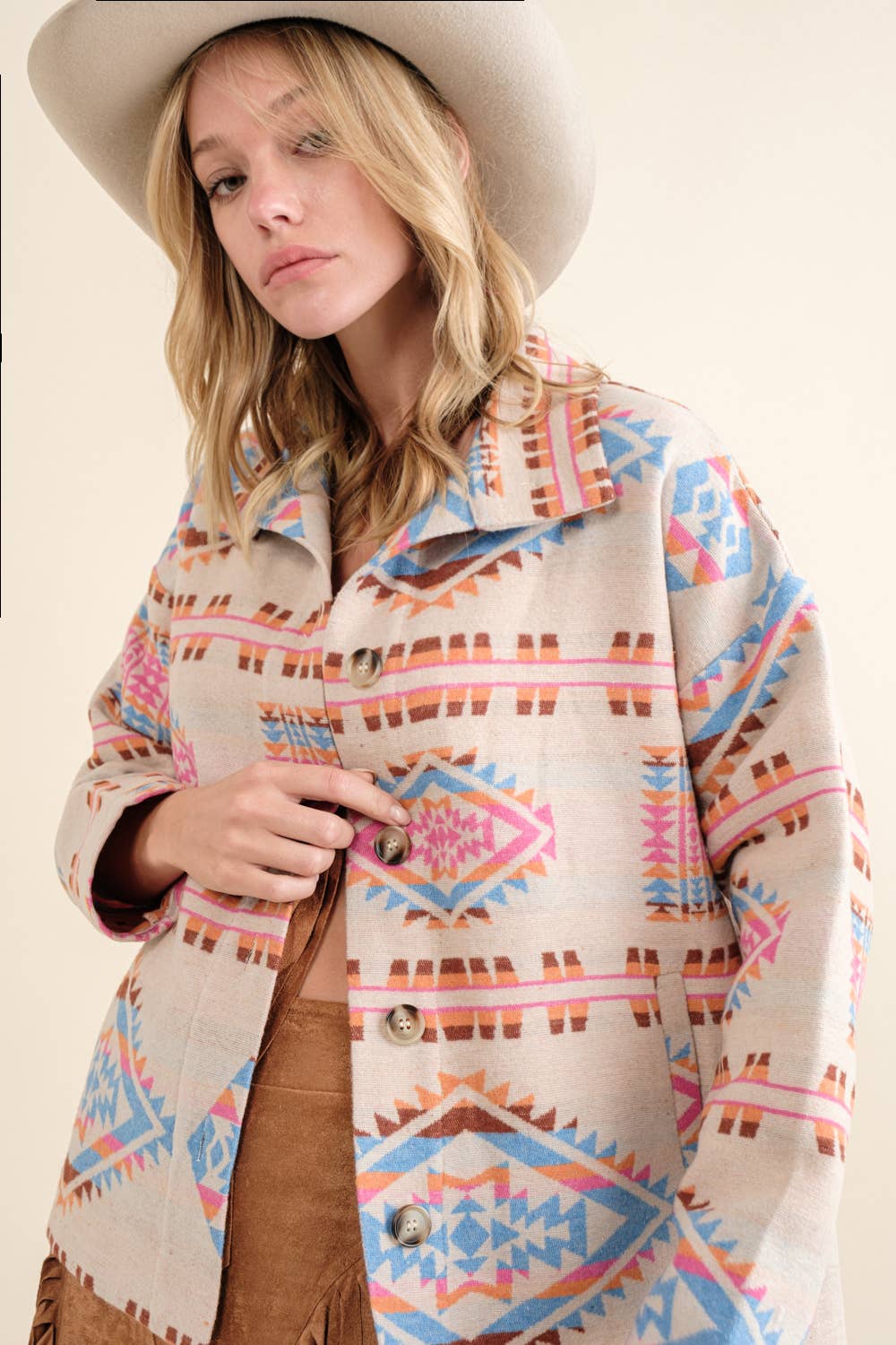 Aztec Jacquard Mock Neck Button Up Western Jacket