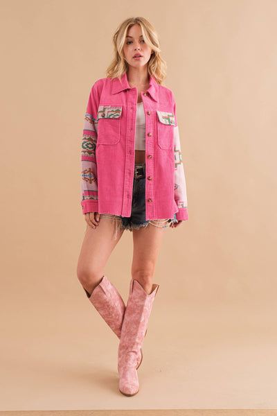 Corduroy Aztec Contrast Button Up Shirt Jacket
