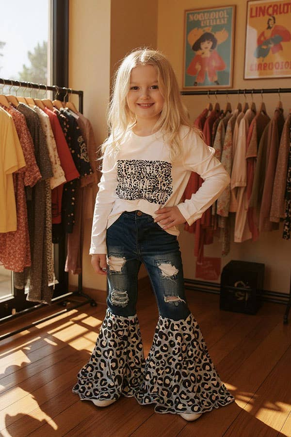 Western top & leopard bell bottom jeans girls sets