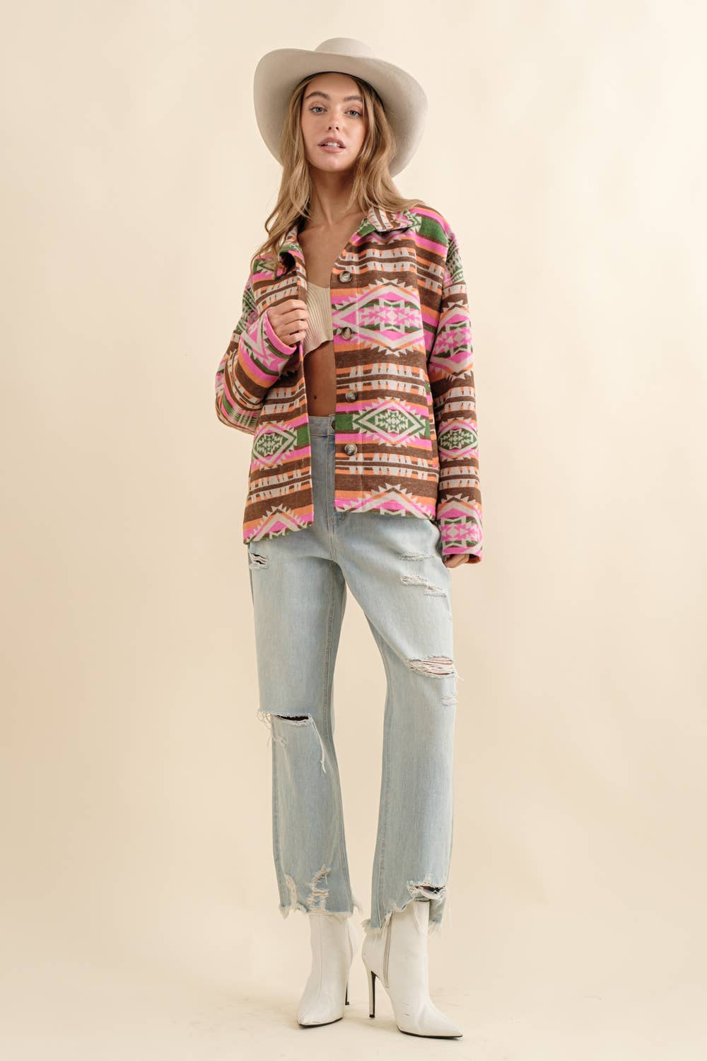 Aztec Jacquard Mock Neck Button Up Western Jacket