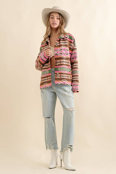 Aztec Jacquard Mock Neck Button Up Western Jacket