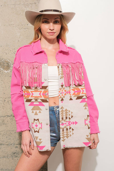 Aztec Contrast Frayed Shirt Jacket