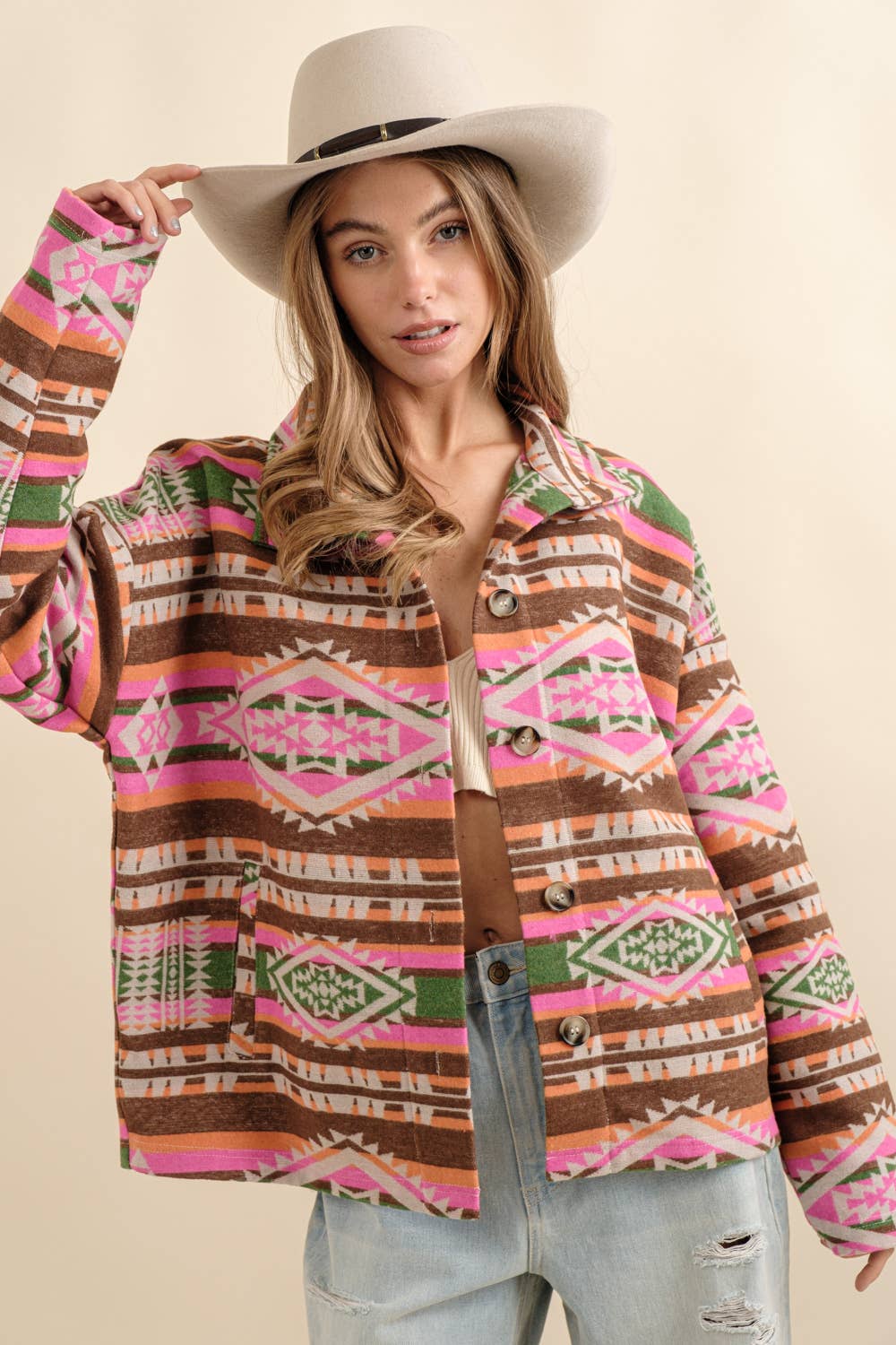 Aztec Jacquard Mock Neck Button Up Western Jacket