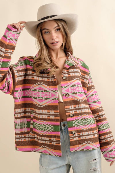 Aztec Jacquard Mock Neck Button Up Western Jacket