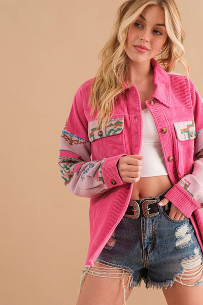 Corduroy Aztec Contrast Button Up Shirt Jacket