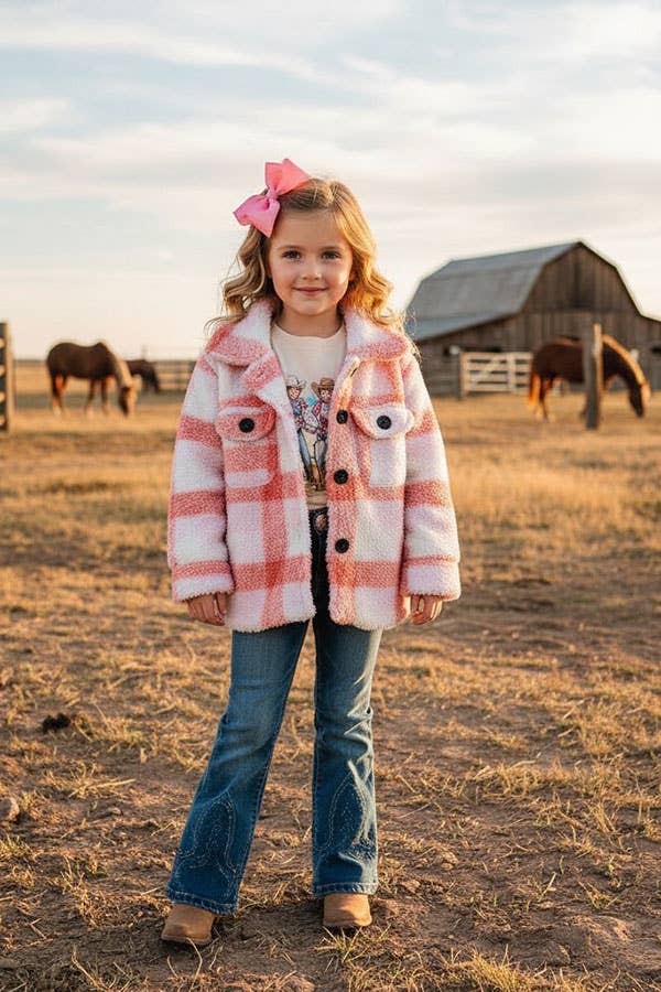 Kids Pink plad sherpa long sleeve girls coat