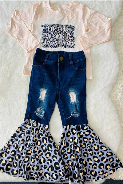 Western top & leopard bell bottom jeans girls sets