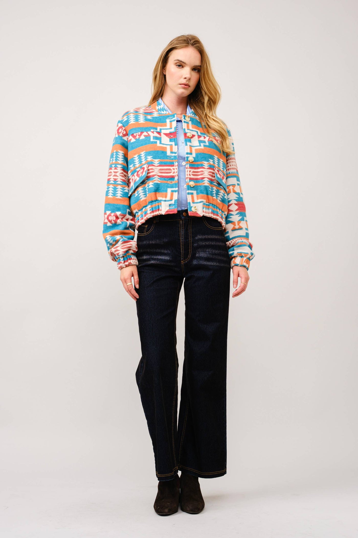 Jacquard Aztec Snap Up Bomber Jacket