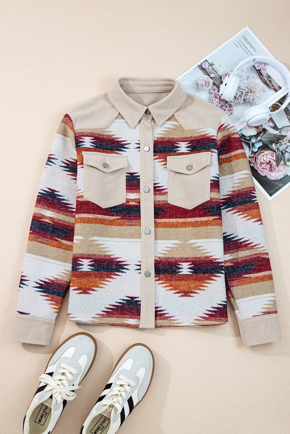 Western Aztec Striped Patchwork Raw Hem Shacket
