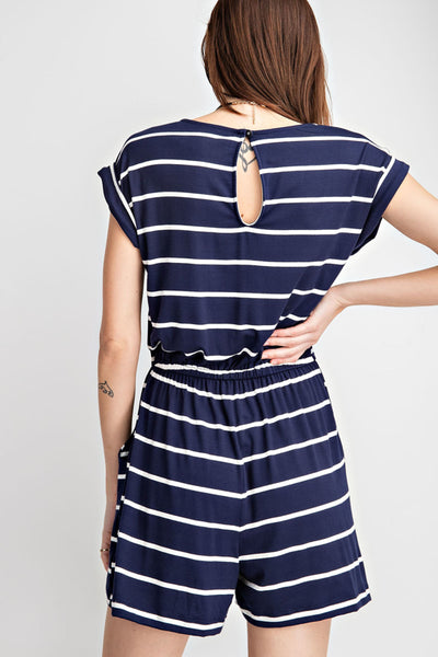 Striped Round neckline Drawstring Jumpsuit